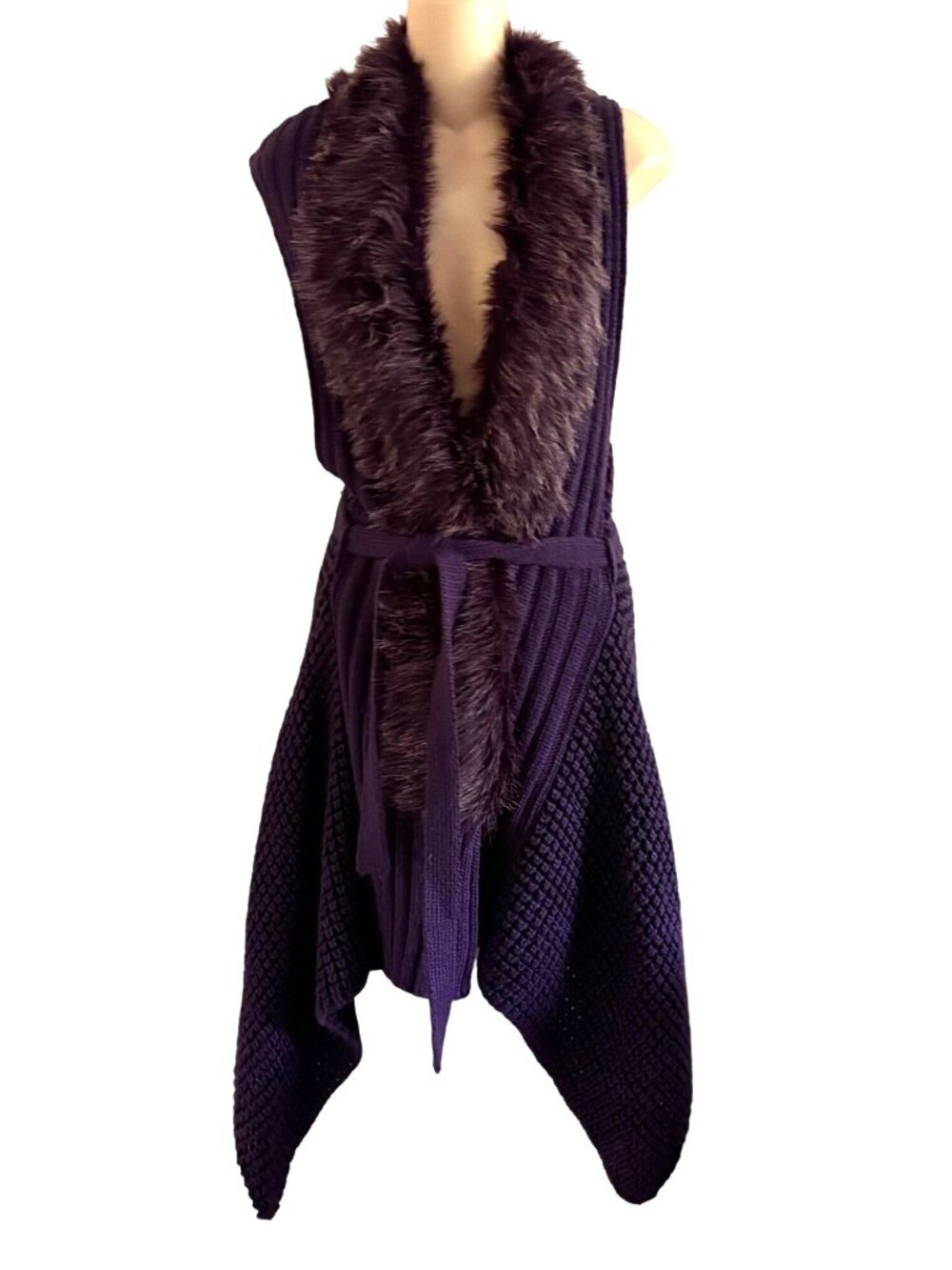 Bacci Purple Open-Front Sleeveless Cardigan Faux Fur Collar Belted Waist Small